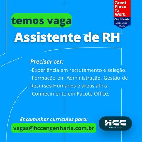 Vaga para Assistente de RH HCC Energia Solar Administração