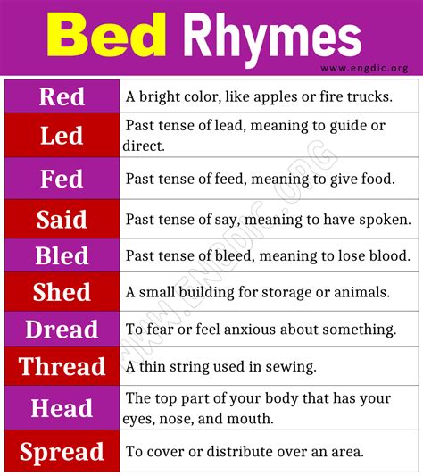 Words that Rhyme with Bed (Bed Rhyme Words) - EngDic