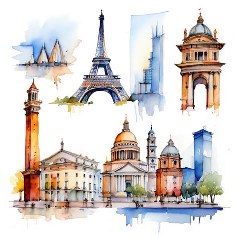 Collection Of Architectural Landmarks Painted By Watercolor Premium