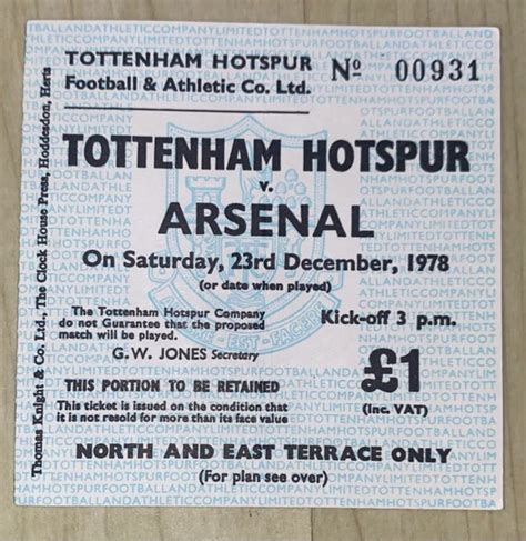 Original Division One Ticket Tottenham Hotspur V Arsenal