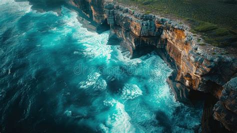 An Aerial Shot Of A Rugged Coastline With Dramatic Cliffs And Crashing