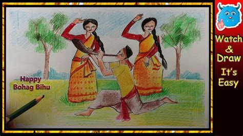 Scene Drawing Of Bihu Dance Assam How To Draw Bohagrongali Bihu