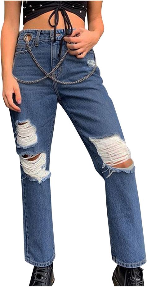 Jumaocio Pantalones Vaqueros Rasgados Rectos Hip Hop Denim Pantalones