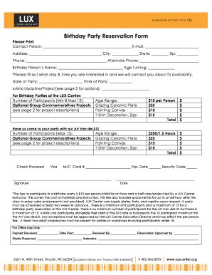 Fillable Online Luxcenter Birthday Party Reservation Form Lux Center