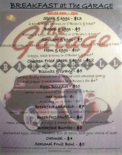 Menu At The Garage Bar And Grill Bremerton Kitsap Way