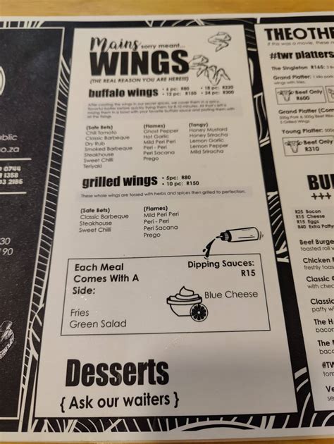 Menu at The Wing Republic - Pretoria, Pretoria