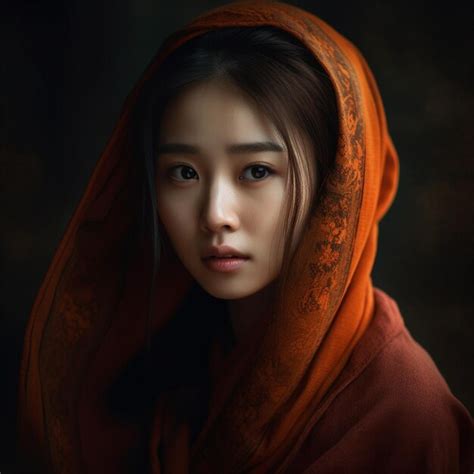 Premium Ai Image An Asian Very Beautiful Girl In An Orangy Scarf