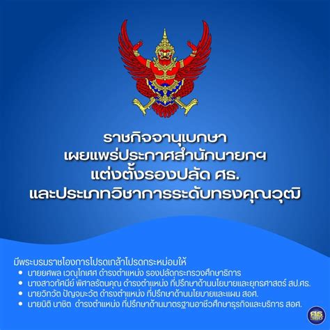 ราชกิจจานุเบกษา เผยแพร่ประกาศสำนักนายกฯ แต่งตั้งรองปลัด ศธ และประเภท