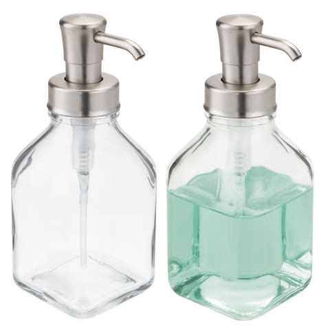 MDesign Square Glass Refillable Soap Dispenser Pump 2 Pack Clear