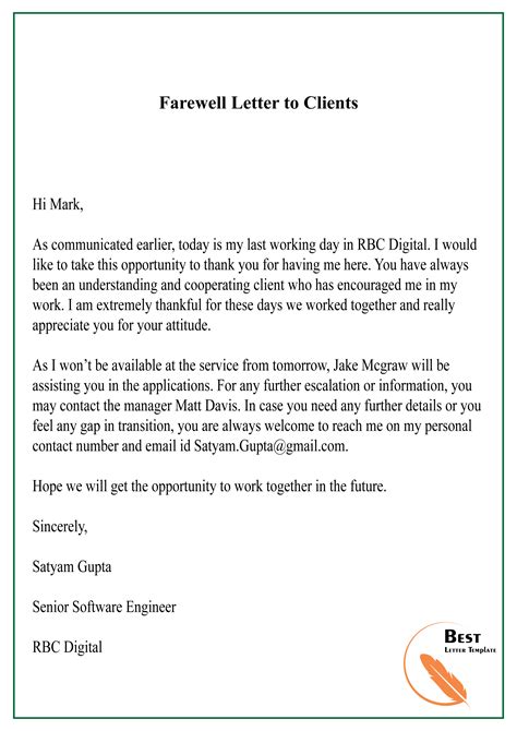 Sample Farewell Letter Clients