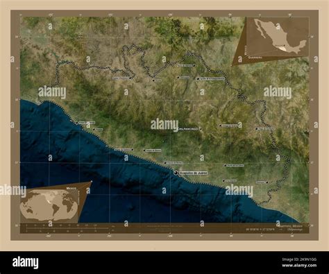 Guerrero, state of Mexico. Low resolution satellite map. Locations and ...