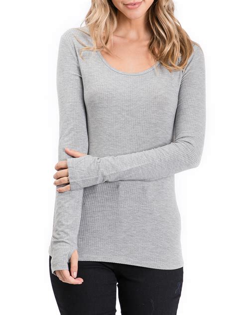 Doublju Doublju Women S Round Neck Long Sleeve Ribbed Top With Thumb