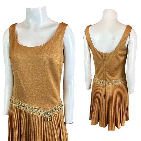 1960s Mod Bronze Drop Waist Pleated Dress Flapper Thr Gem