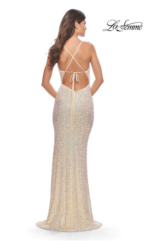 La Femme V Neck Backless Sequin Prom Dress Promgirl