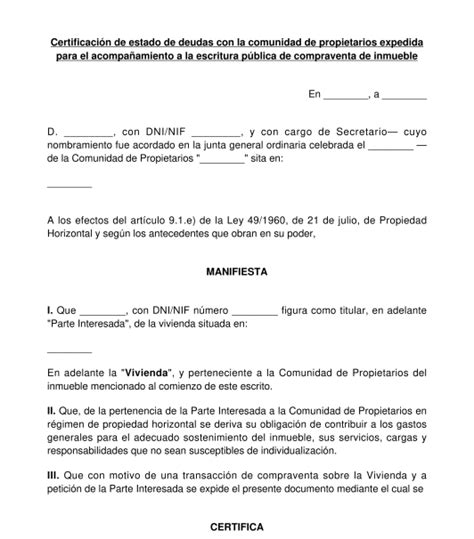 Certificado De Deudas Con La Comunidad De Propietarios Para Compraventa