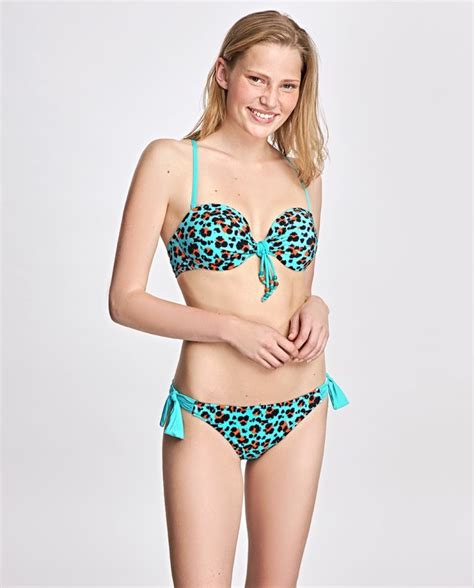 Top Bikini Bandeau Con Copa Estampado Leopardo Turquesa Bikini Bikini