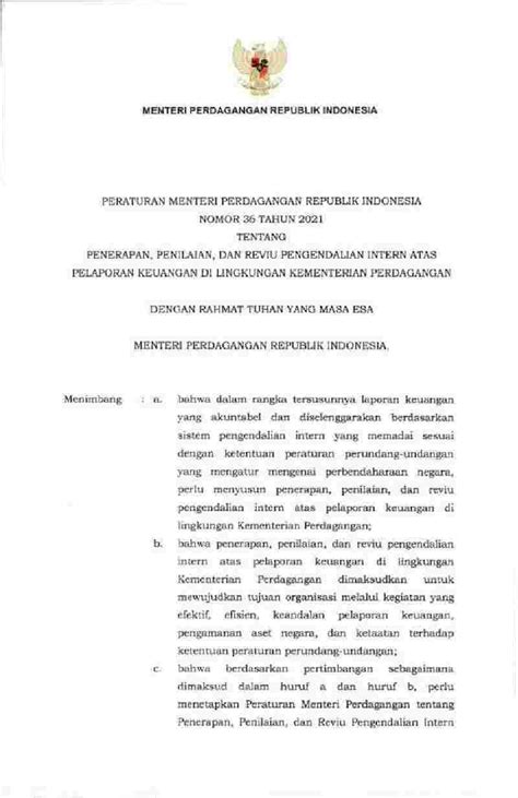 Peraturan Menteri Perdagangan No 36 Tahun 2021 Tentang Penerapan