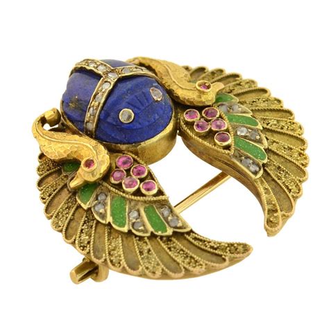 Art Nouveau Egyptian Revival Diamond Ruby Carved Lapis Scarab