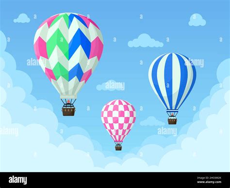 Flying Hot Air Balloons Colorful Aerostat Soars In Blue Sky Vintage