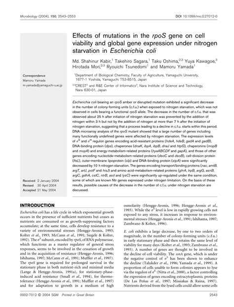 Pdf Effects Of Mutations In The Rpos Gene On Cell Viability And