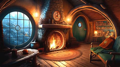 Cozy Hobbit Living Room During Winter Soothing Fireplace Relaxing