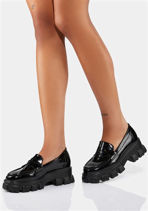 Vegan Leather Patent Platform Treaded Loafers Black Dolls Kill