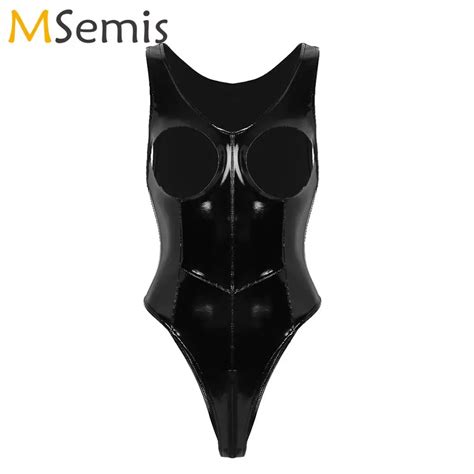 Bodysuit corte alto de couro feminino lingerie sensual zíper