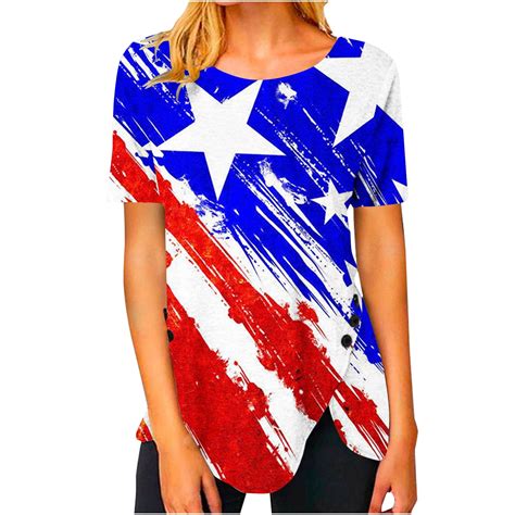 Ecqkame 4th of July Patriotic T-Shirts Women Clearance Women Round Neck ...