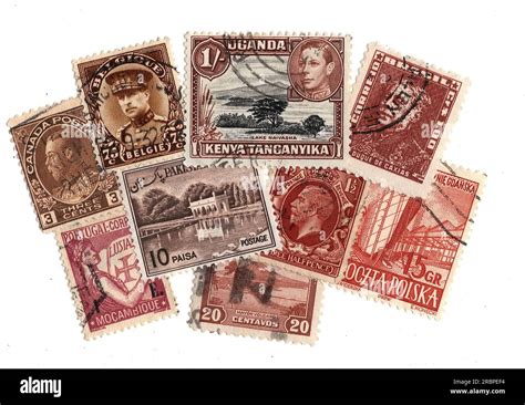 Brown Vintage Postage Stamps From Around The World On A White