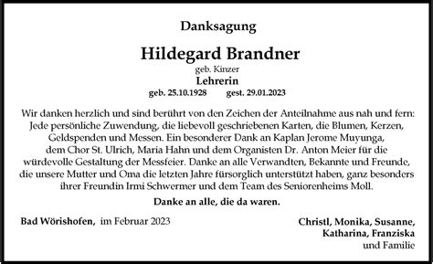 Traueranzeigen Von Hildegard Brandner Augsburger Allgemeine Zeitung