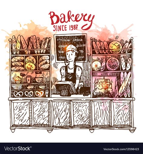 Hand Drawn Sketch Interior Bakery Shop Royalty Free Vector