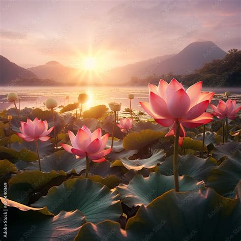 flower lotus leaves sunrise wallpaper.Generative Ai content Stock Photo | Adobe Stock