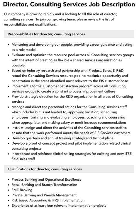 Director Consulting Services Job Description Velvet Jobs