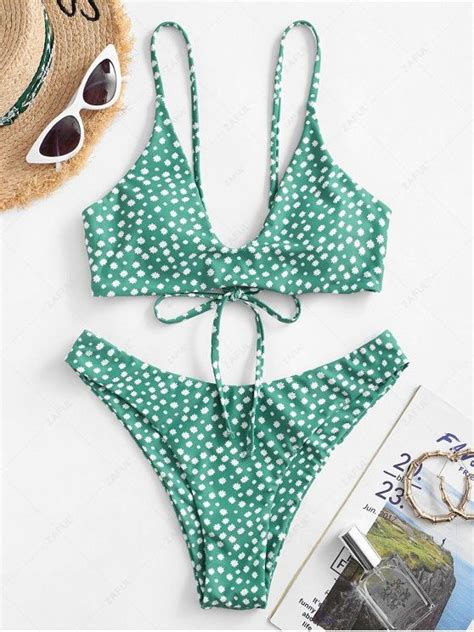 35 OFF 2021 ZAFUL Tiny Floral Lace Up Bikini Swimwear In GREEN ZAFUL