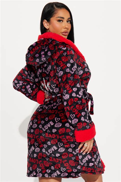 Kisses And Hearts Plush Pj Robe Red Black Fashion Nova Lingerie