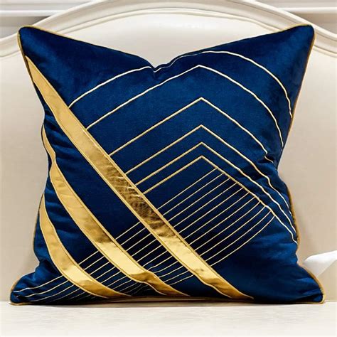 Avigers 18 X 18 Inches Navy Blue Gold Leather Striped Embroidered Cushion Cases