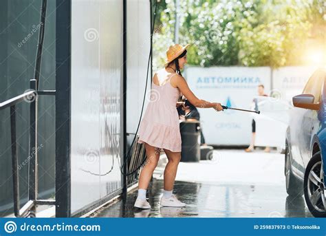 Brunette From A High Pressure Hose Washes The Car Stock Image Image Of Purely Applies