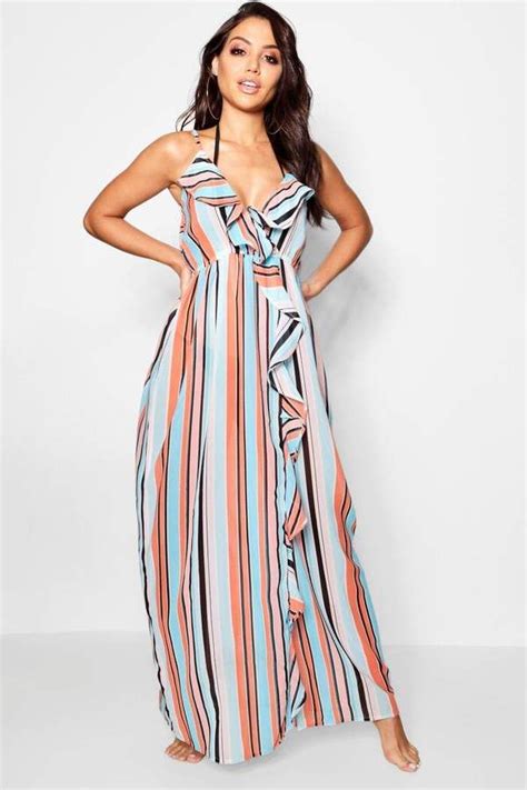 Boohoo Willow Summer Stripe Frill Maxi Beach Dress Beach Maxi Dress