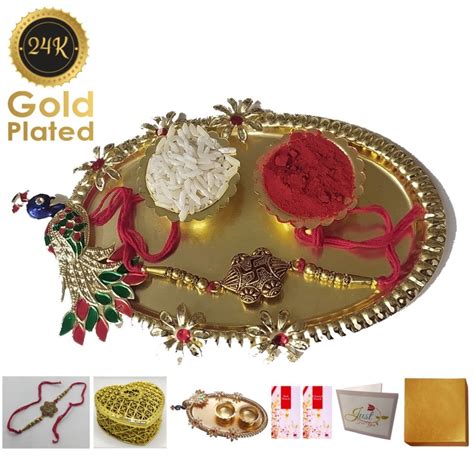 Rakshabandhan Gold Plated Swastik Kundan Rakhi Thali Set Platter Combo