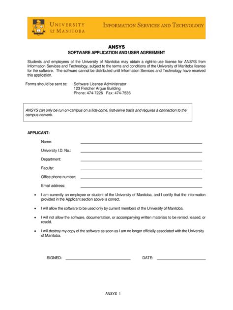 Fillable Online Umanitoba Ansys Software Application And User Agreement