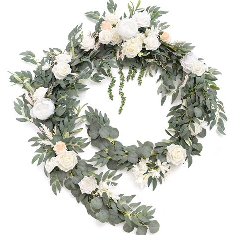 Ling S Moment 9FT Eucalyptus And Willow Leaf Garland With White Flower