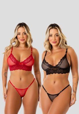 Kit 2 Conjuntos Lingerie Sexy De Renda E Tule Preto E Vermelho Compre