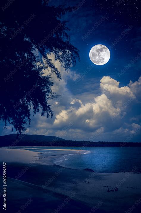 Landscape of sky with full moon on seascape to night. Serenity nature ...