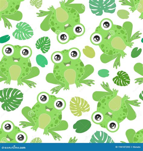 Seamless Vector Pattern With Cute Green Frogs On White Background