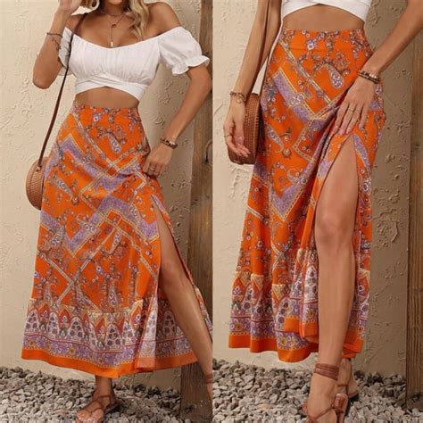 Bellanblue Skirts Boho Floral Print Slit Hem Maxi Skirt Poshmark