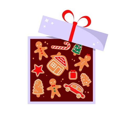 Premium Vector A Set Of Cute Gingerbread Cookies In A Gift Box With A