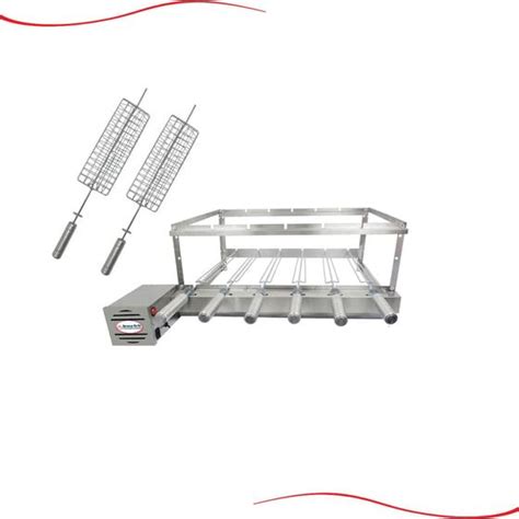 Kit Inox Elétrico Giratório 6 Espetos Brasa Grill 2 Espetos Grelha