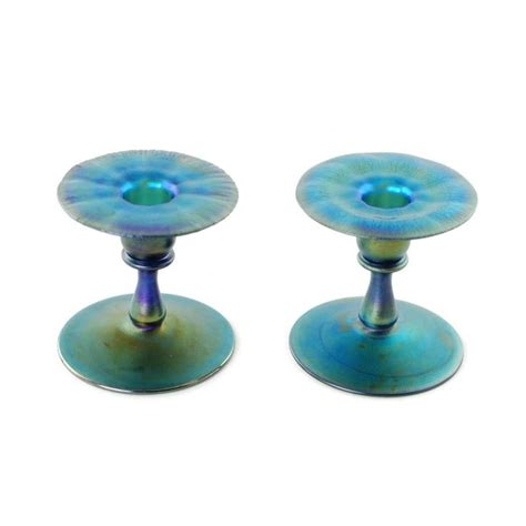 Matched Pair Of Louis Comfort Tiffany Blue Favrile Art Glass