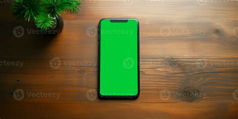 mockup mobile phone with green screen on wooden table top view layout, ai generative 29762529 ...