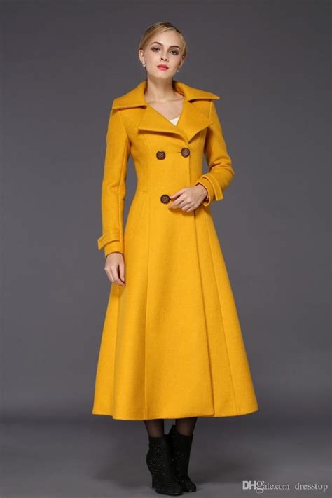 Fashion Yellow Womens Long Winter Coats For Women Slim Fit Wool Blend